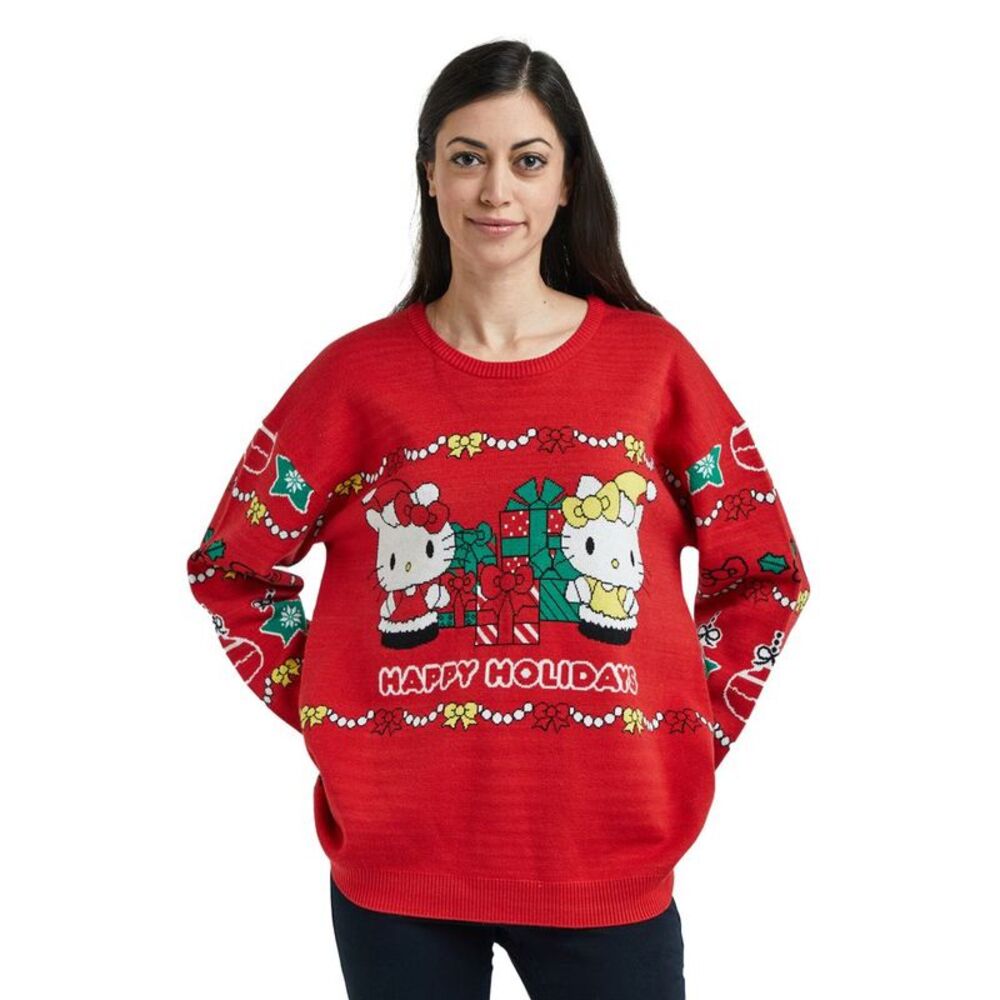 Hello Kitty Women's Red Crew Neck Long Sleeve Oversized Sweater Medium